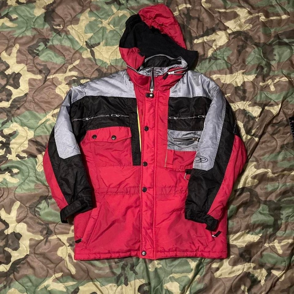 Vintage Ocean Pacific Red grey puffer jacket detachable hood‎ size Mens 14/16